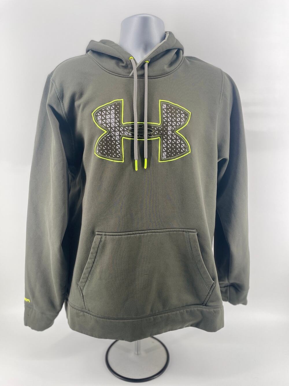 Under Armour Storm Hoodie Men’s L Army Green Neon Embroidered Logo Kangaroo